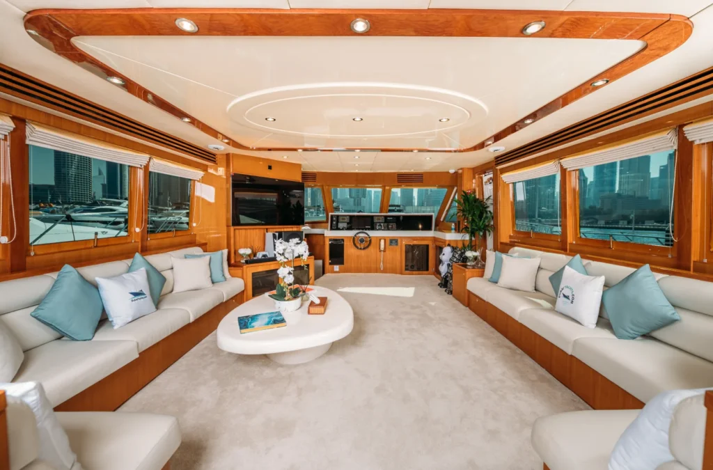 Spacious gathering area inside the yacht