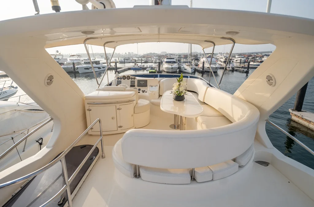 The seating arrangement on the top deck of luxury yacht in Dubai
