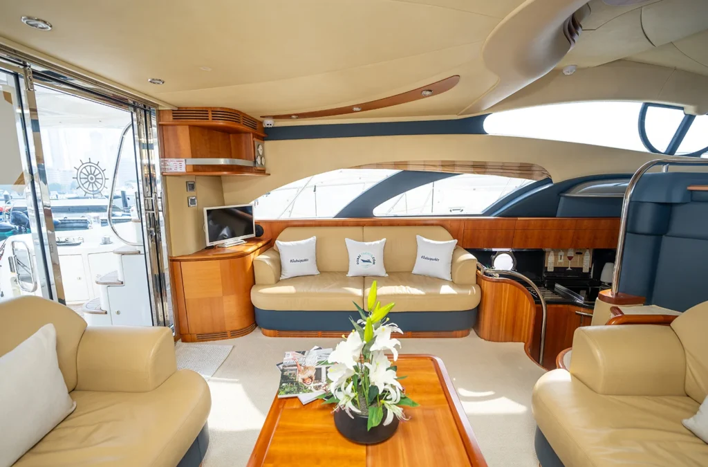 The interior view of luxury yacht rental Dubai