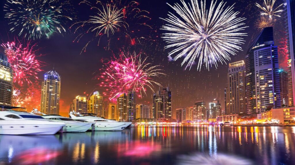 Enjoying fireworks from Dubai Yachts