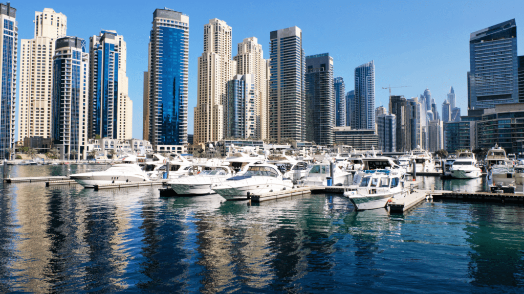 Dubai Luxury Yachts anchored on Dubai Harbor - Yacht Rental Company